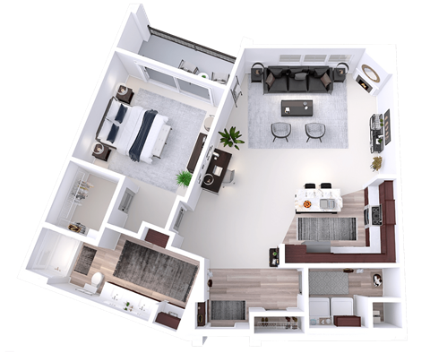 a 3d rendering of the first floor of a two bedroom apartment